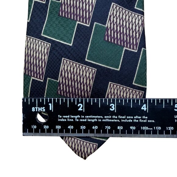 Tiemakers Mens Navy & Green Silk Geometric Pattern Necktie Handcrafted USA - Picture 8 of 8